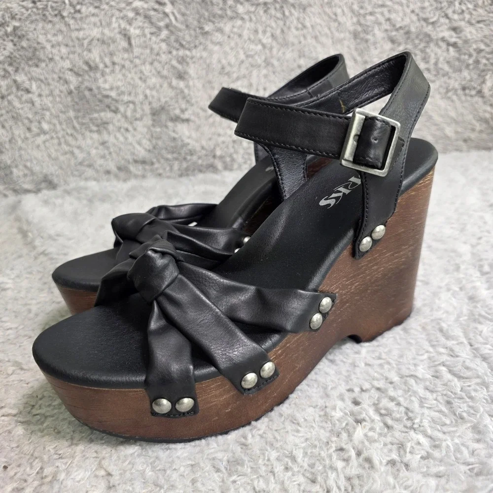 Korks Platform Wedge Sandals Black Studded Knotted‎ Ankle Strap Womens 7M Exc